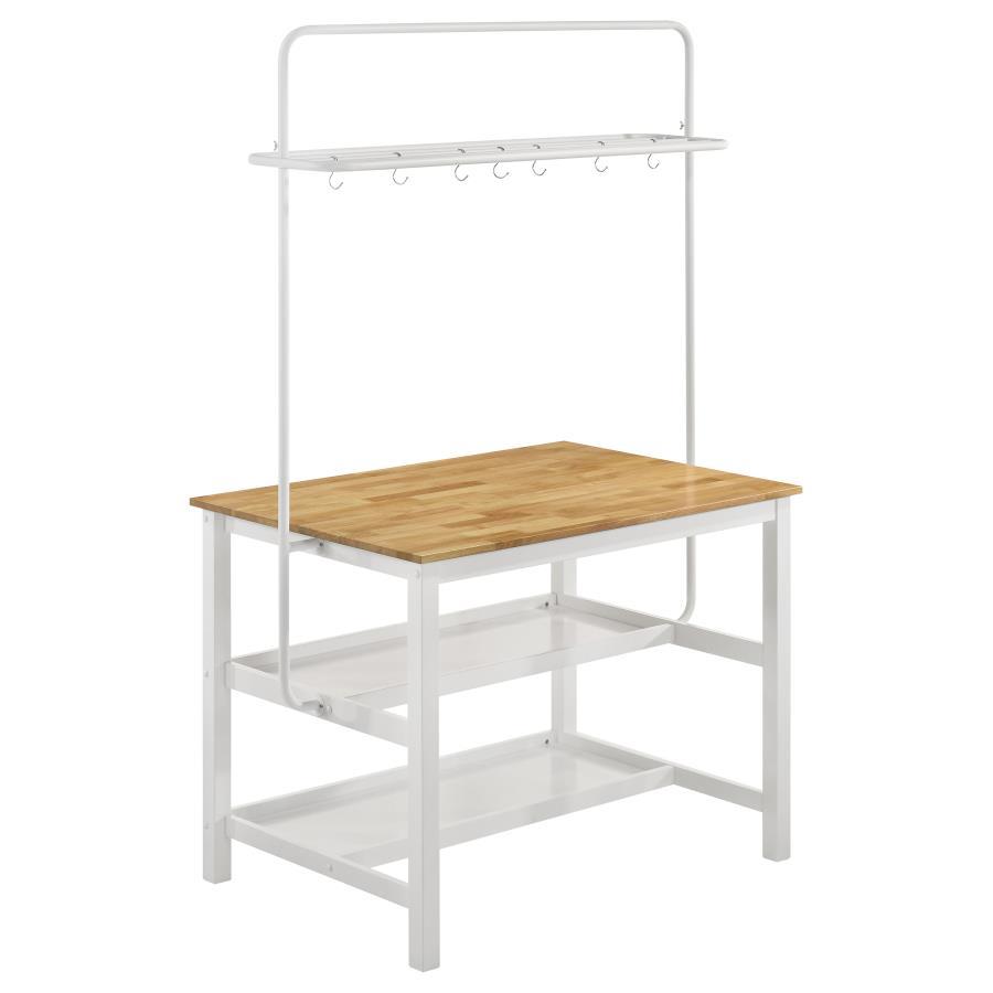 Edgeworth 3-Piece Kitchen Island Counter Height Table Set – White Base, Natural Asian Hardwood Top, Two Stools, Upper Pot Rack, 10 Hooks, Farmhouse Style