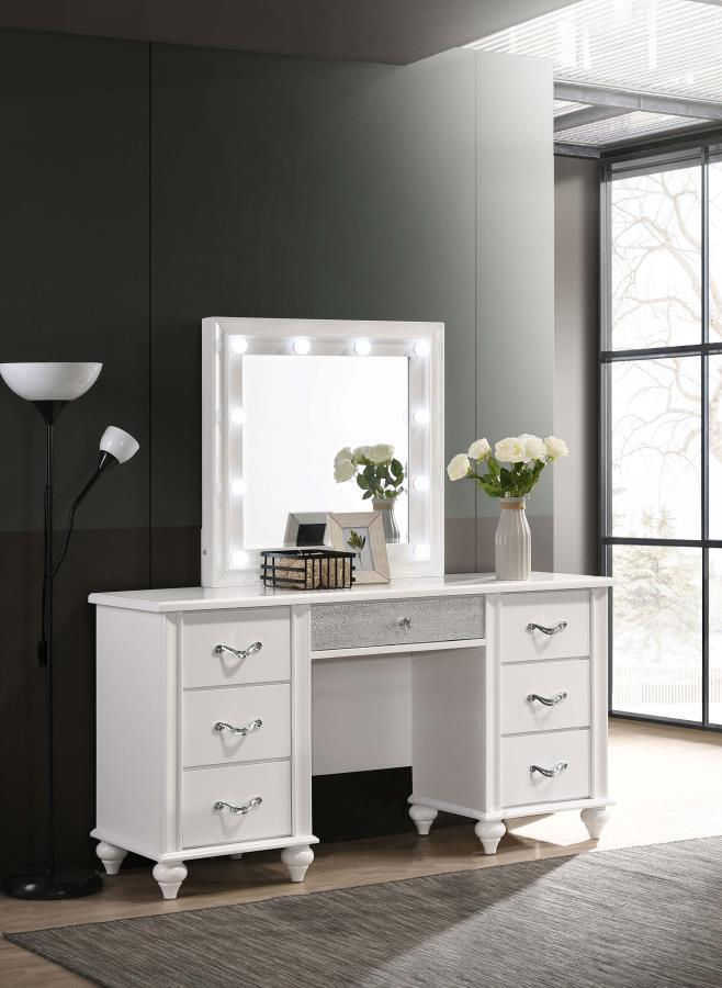Barzini 7-Drawer Vanity Set with LED Lighting – White Finish, Glam Chrome Handles, Diamond-Like Accents, Hollywood-Style Vanity with Mirror