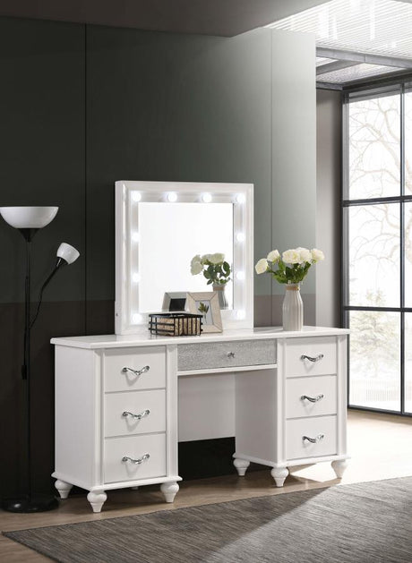Barzini 7-Drawer Vanity Set with LED Lighting – White Finish, Glam Chrome Handles, Diamond-Like Accents, Hollywood-Style Vanity with Mirror