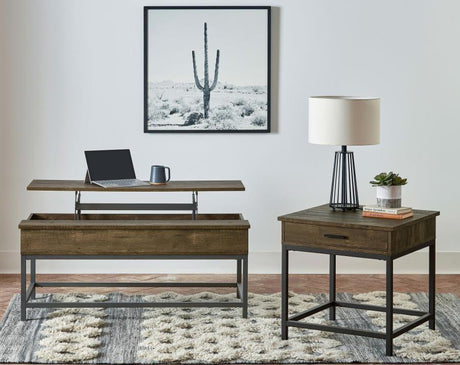 Byers 1-Drawer Square Engineered Wood End Table - Brown Oak with Black Metal Legs, Rustic Modern Design, Compact, Functional Storage and Stylish Accent Piece for Living Room and Bedroom