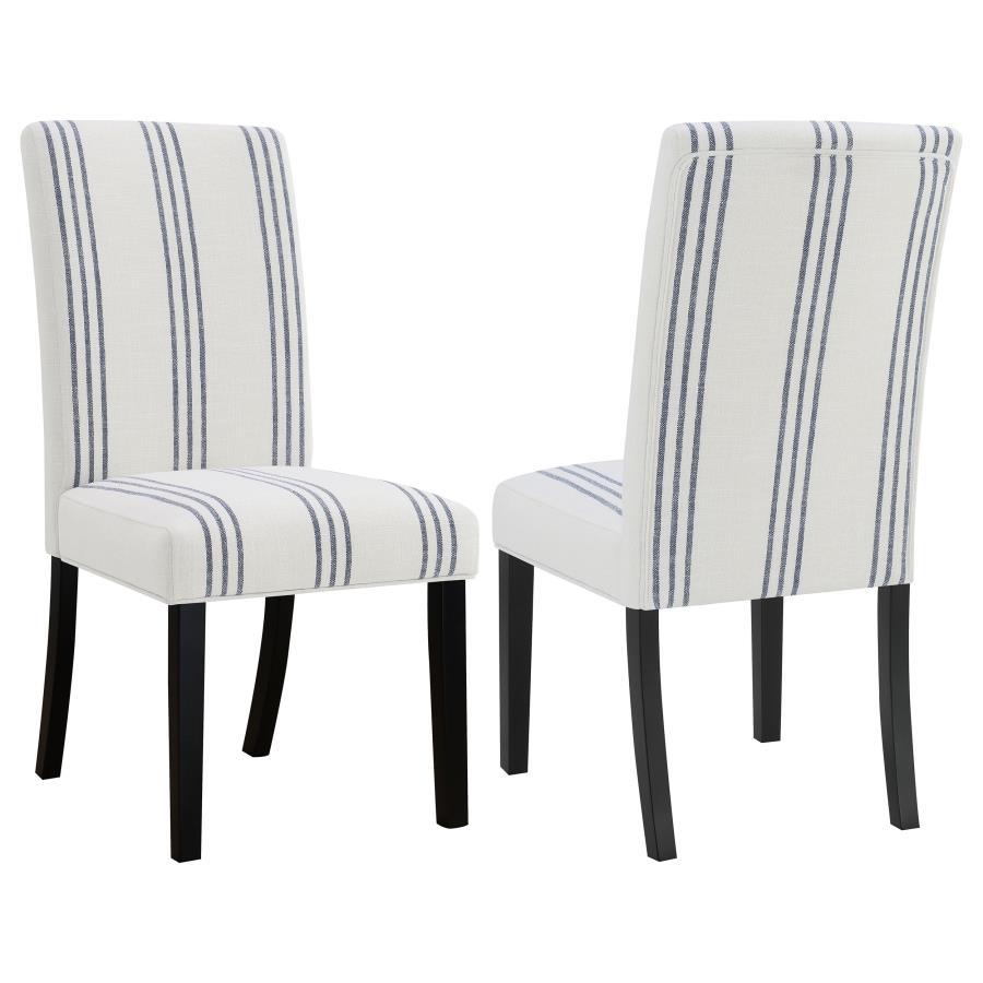 Herran Upholstered Dining Side Chair Set of 2 – Beige Linen-Like Fabric with Subtle Blue Stripes and Asian Hardwood Frame for Modern Farmhouse & Transitional Dining