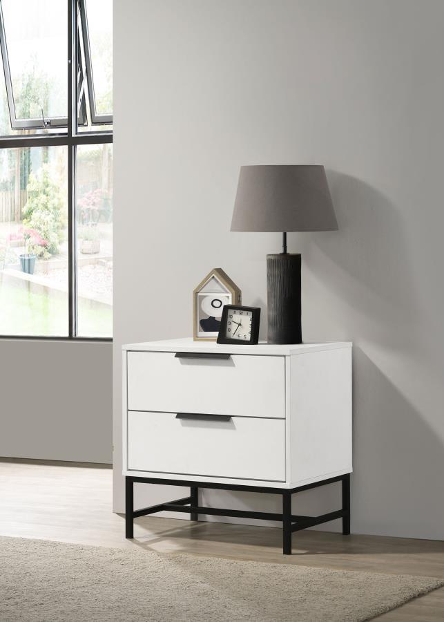 Sonora 2-Drawer Nightstand Bedside Table – Modern White Bedroom Accent with Black Base, Slim Bar Pulls, Minimalist Design, and Practical Storage