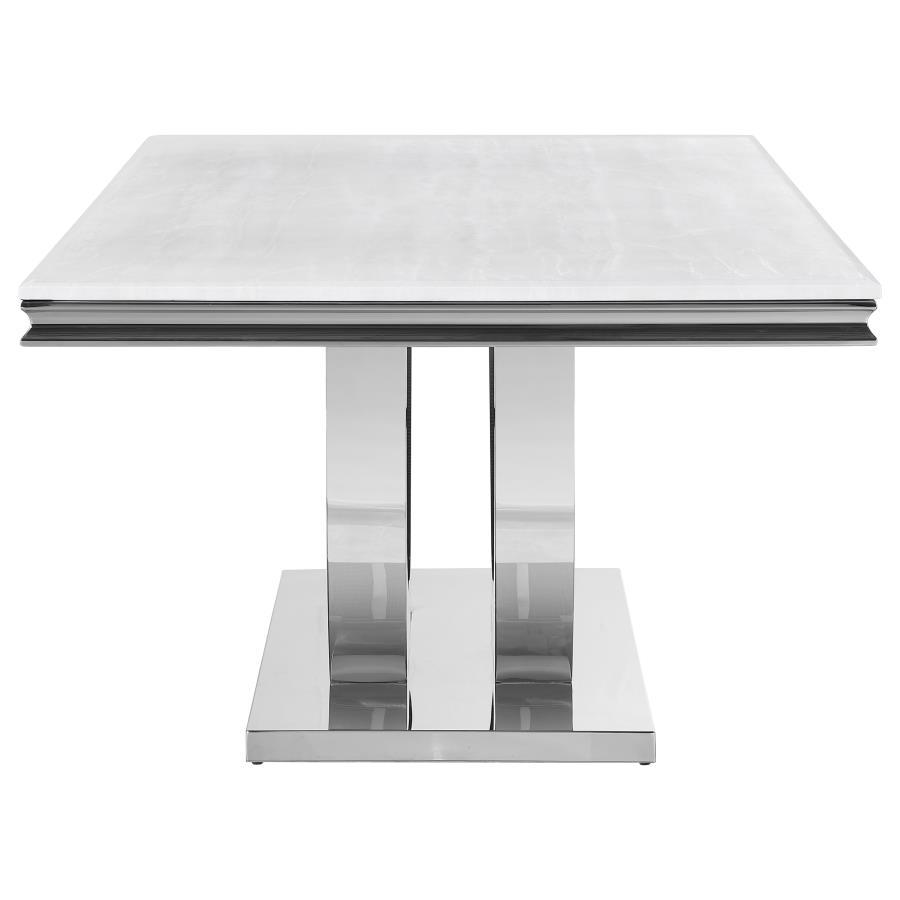 Kerwin Rectangular Stone Top Dining Table – White Marble Paper Top with Beveled Edge, Polished Chrome Pedestal Base, Seats Six, Modern Glam
