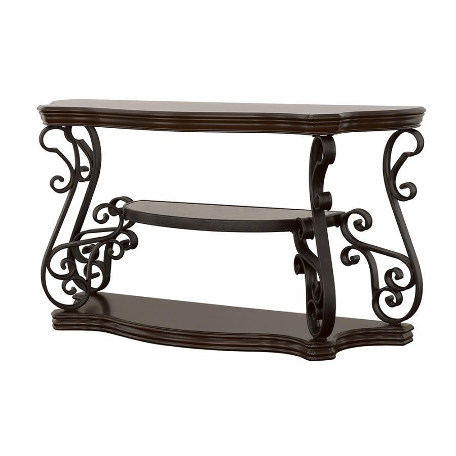 Laney Scrollwork Entryway Sofa Console Table with Tempered Glass Top, Cherry Veneer, Metal Scroll Base, and Deep Merlot Wood Finish
