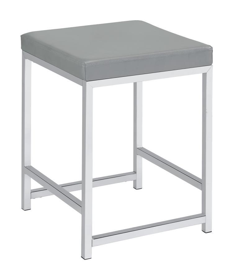 Umbridge Upholstered Square Vanity Stool – Light Gray Leatherette Cushion, Polished Chrome Base, Modern Backless Vanity Bench for Bedroom or Dressing Table