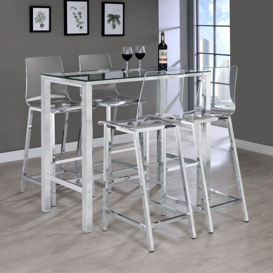 Tolbert 5-Piece Bar Set with Clear Acrylic Chairs - Rectangular Glass Top Pub Table, Chrome Frame, Built-In Footrests, Modern Contemporary Bar Dining