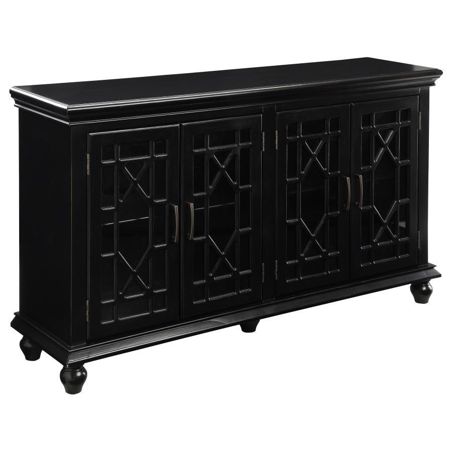 Kovu 4-Door Wood Lattice Storage Accent Cabinet in Black – Decorative Overlay Doors, Spacious Interior Shelves, Stylish Living Room or Den Furniture
