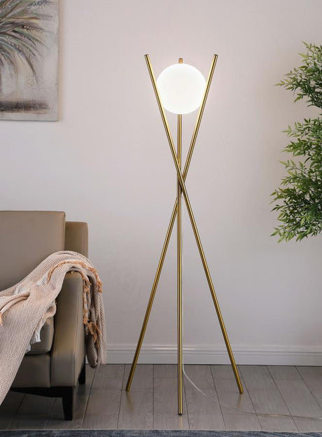 Yamileth Spherical Bulb Metal Tripod Floor Lamp – Gold Finish, Frosted Glass Shade, Geometric Design, Adjustable Lighting, Modern Living Room or Bedroom