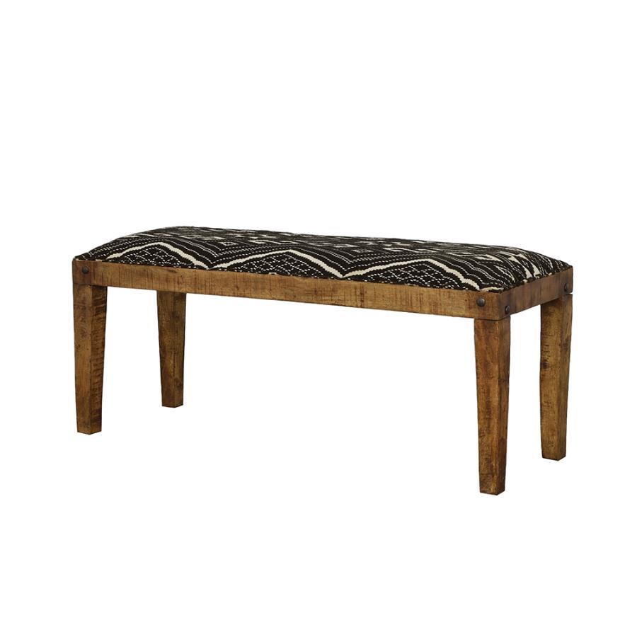 Lamont Fabric Upholstered Accent Bench in Black and Natural – Modern Rustic Mango Wood Frame with Geometric Cushion, Nailhead Detailing & Scandinavian Design