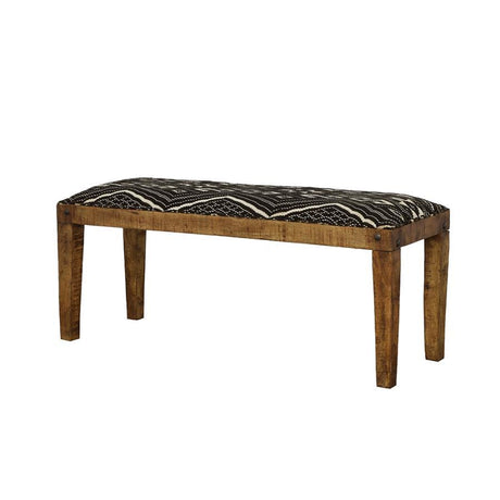 Lamont Fabric Upholstered Accent Bench in Black and Natural – Modern Rustic Mango Wood Frame with Geometric Cushion, Nailhead Detailing & Scandinavian Design