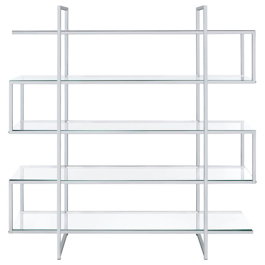 Elmer 5-Shelf Bookshelf – Modern Clear Tempered Glass and Chrome Steel Frame, Stylish Display Unit for Books, Décor, Photos, and Collectibles