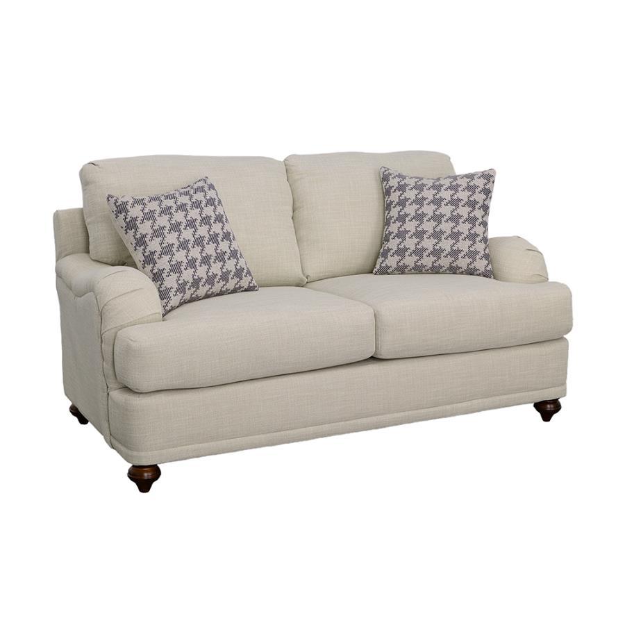 Glenn - Upholstered English Arm Loveseat – Light Gray and Blue with Reversible T-Cushions, Espresso Turned Legs & Houndstooth Accent Pillows