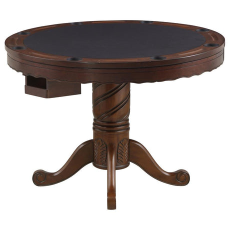 Turk Round Dining and Billiard Poker Game Table – Tobacco Birch Finish with Velvet-Lined Card Surface, Intricate Spiral Carvings, Complete Game Set
