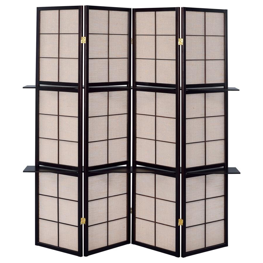 Iggy 4-Panel Folding Shoji Screen Room Divider – Cappuccino Finish with Hinged Panels, Decorative Tan Panels, and Functional Shelving