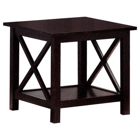Rachelle - 3 Piece Rectangular Coffee Table Set - Deep Merlot Finish with X-Shaped Accents & Storage Shelves
