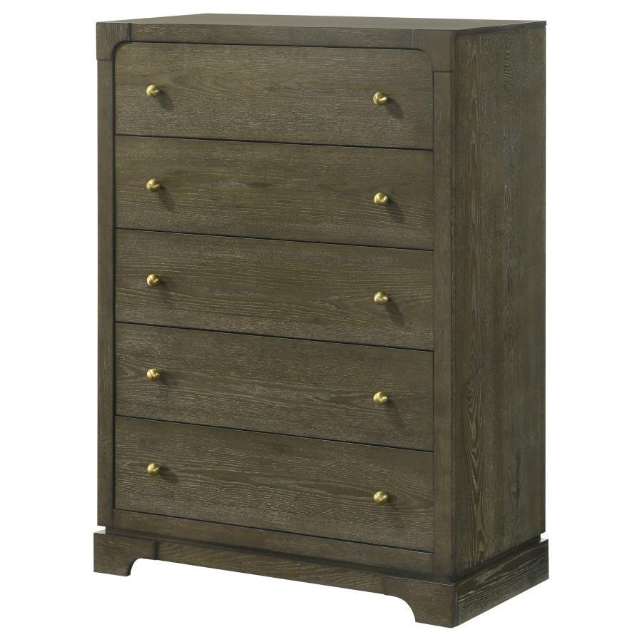 Gran Park 5-Drawer Bedroom Chest of Drawers in Dark Cocoa – Solid Wood Transitional Design with Felt-Lined Top Drawers & Brass Knobs