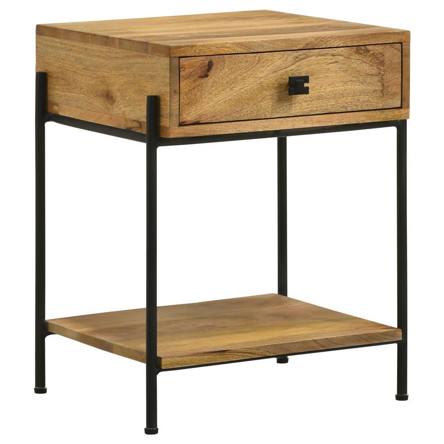 Declan 1-Drawer Wood Accent Side Table – Natural Mango Solid Wood Top with Black Iron Frame, Single Drawer Storage and Open Bottom Shelf