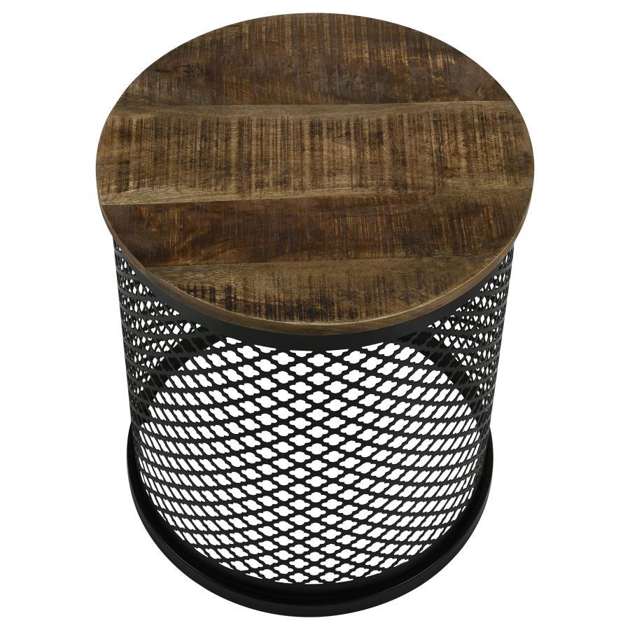 Aurora Round Drum Base Accent Side Table – Natural Mango Wood Top, Black Perforated Iron Base, Industrial Rustic Nightstand, Modern Living Room Table