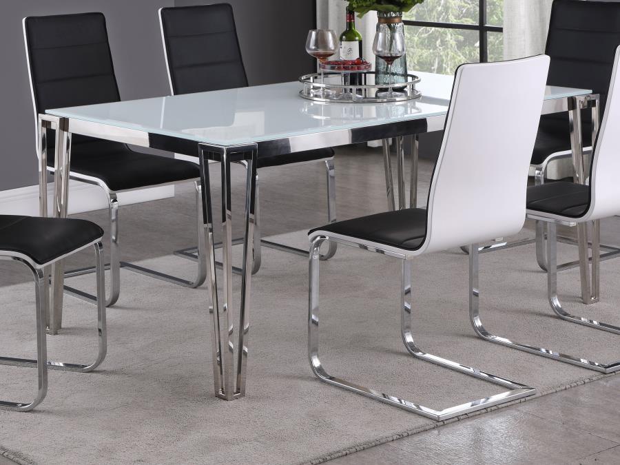Pauline Rectangular Glass Top Dining Table – Chrome Stainless Steel Frame, Hairpin Legs & White Frosted Tempered Glass for Modern Dining