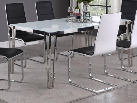 Pauline Rectangular Glass Top Dining Table – Chrome Stainless Steel Frame, Hairpin Legs & White Frosted Tempered Glass for Modern Dining