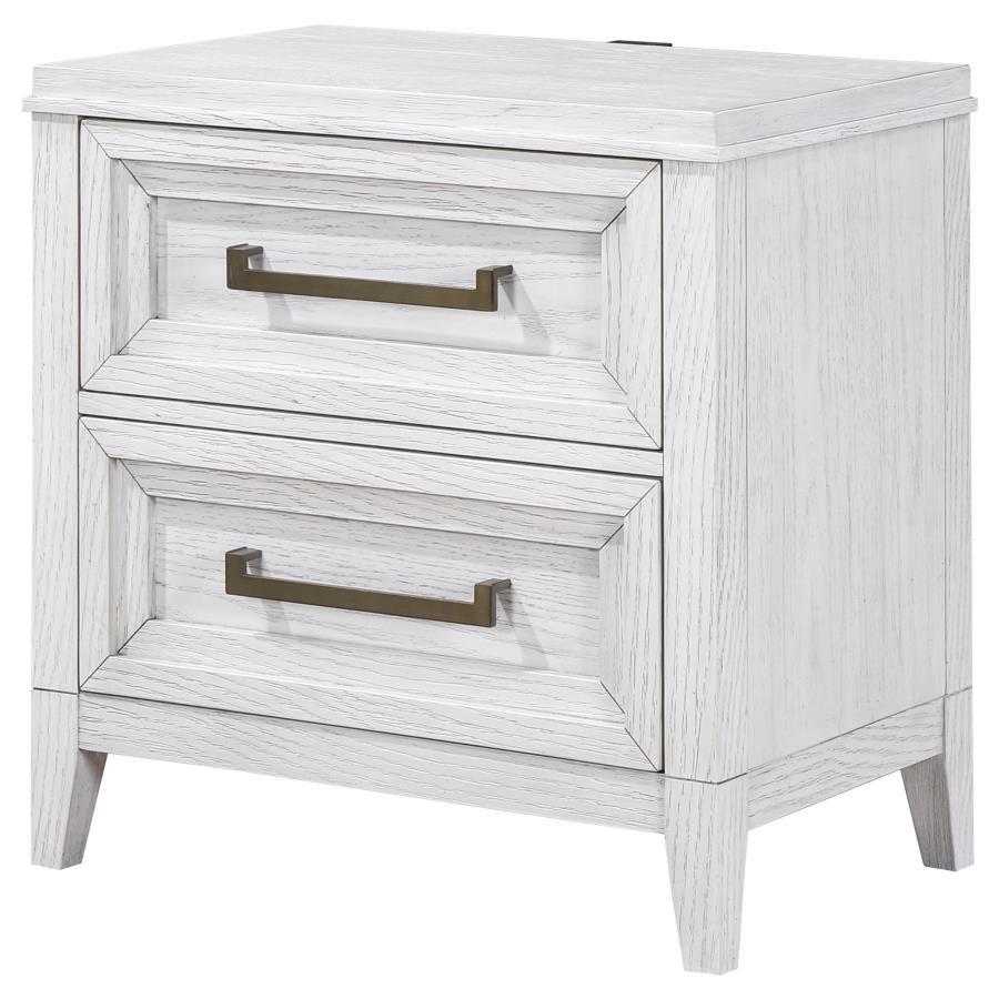 Marielle 2-Drawer Nightstand Bedside Table with Antique Brass Hardware – Distressed White Wood Finish, Modern Storage Nightstand