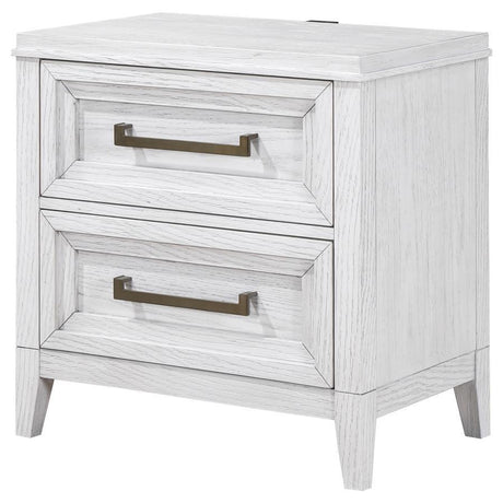 Marielle 2-Drawer Nightstand Bedside Table with Antique Brass Hardware – Distressed White Wood Finish, Modern Storage Nightstand