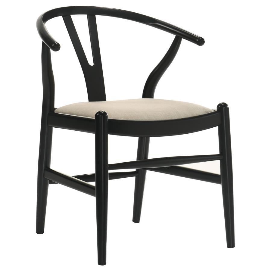 Crestmont Wood Wishbone Dining Side Chair Set of 2 – Black Finish, Sculpted Retro Design, Tapered Legs, Soft Beige Upholstered Seat for Coastal and Modern Dining