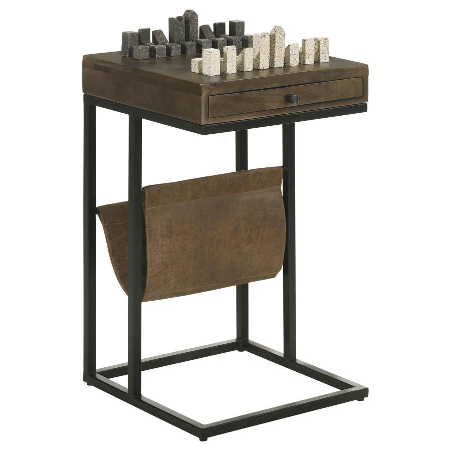 Chessie 1-Drawer Side Table with Leatherette Sling Tobacco Finish, Carved Chess Board Top, Iron Frame, Storage Drawer, Multifunctional Accent