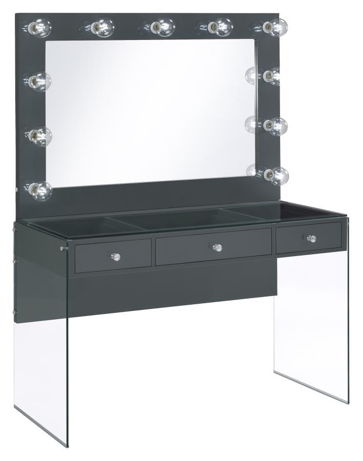 Afshan 3-Drawer Vanity Set With Lighting – Gray High Gloss, Modern Floating Makeup Desk, Tempered Glass Accents, Retro Globe Bulb Mirror