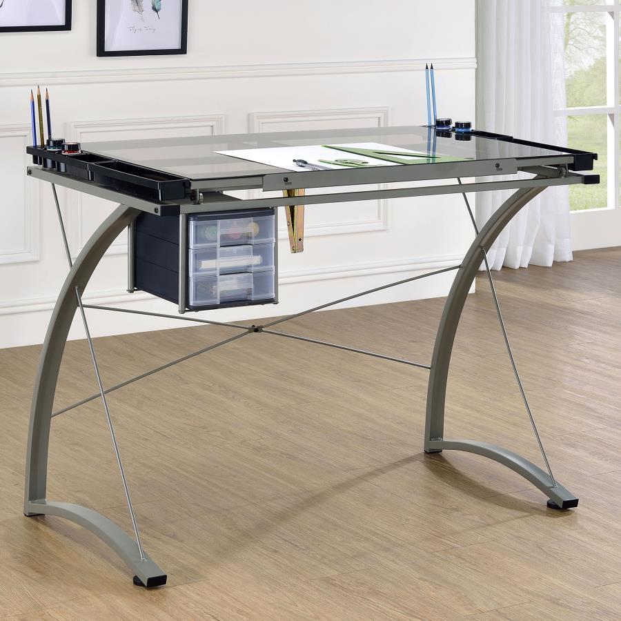Melo Glass Top Drafting Table with Storage – Silver Modern Desk with Tempered Glass, Steel Frame, Drawers, Pencil Ledge, and Office Organization