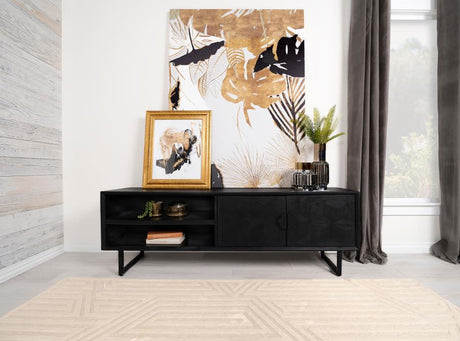Marsden 2 Door Mango Wood TV Stand in Charcoal Black with Iron Hardware, Rustic Fixed Shelves, and Wire Management Hole for Modern Living Rooms