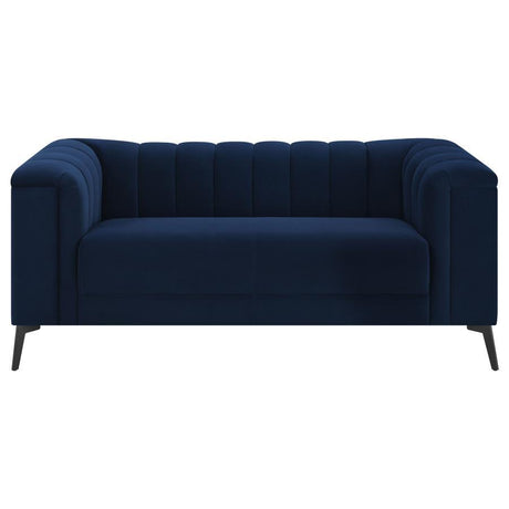 Chalet Tuxedo Arm Loveseat, Blue Velvet Upholstery, Tufted Vertical Channels, Pocket Coil Bench Seat, Black Metal Tapered Legs, Living Room
