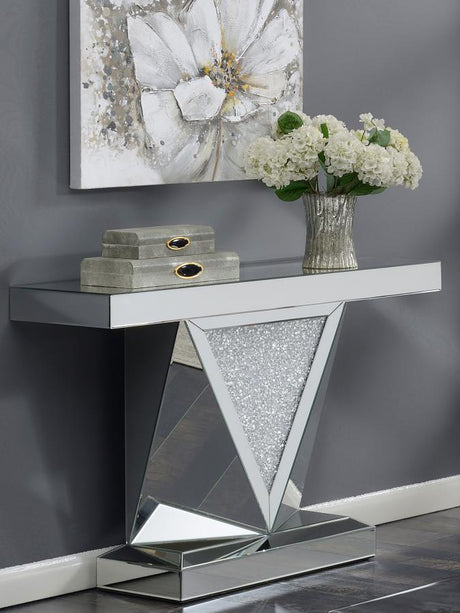Amore Mirrored Acrylic Entryway Sofa Console Table in Silver – Modern Geometric Design with Crystal Inlay and Reflective Surfaces
