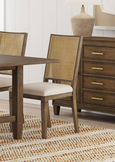 Matisse Woven Rattan Back Dining Side Chair – Dark Brown Wood Frame, Beige Upholstered Foam Seat, Armless, Tapered Legs, Modern Farmhouse Style