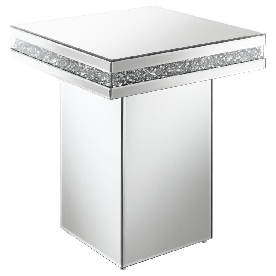 Elora Square Mirrored Accent Side Table – Silver Finish with Acrylic Crystal Detail, Modern Glam Pedestal Table for Living Room, Bedroom, or Entryway