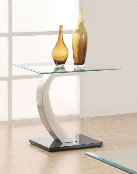 Pruitt Rectangular Glass Top Metal Side End Table in Satin Silver with Polished Black Base, Curved Contemporary Design, Modern Accent Table for Living Room