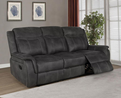 Lawrence Upholstered Padded Arm Reclining Sofa – Charcoal Microfiber, Manual Recline, Tufted Cushions, Gel Memory Seating, Comfortable Motion Sofa