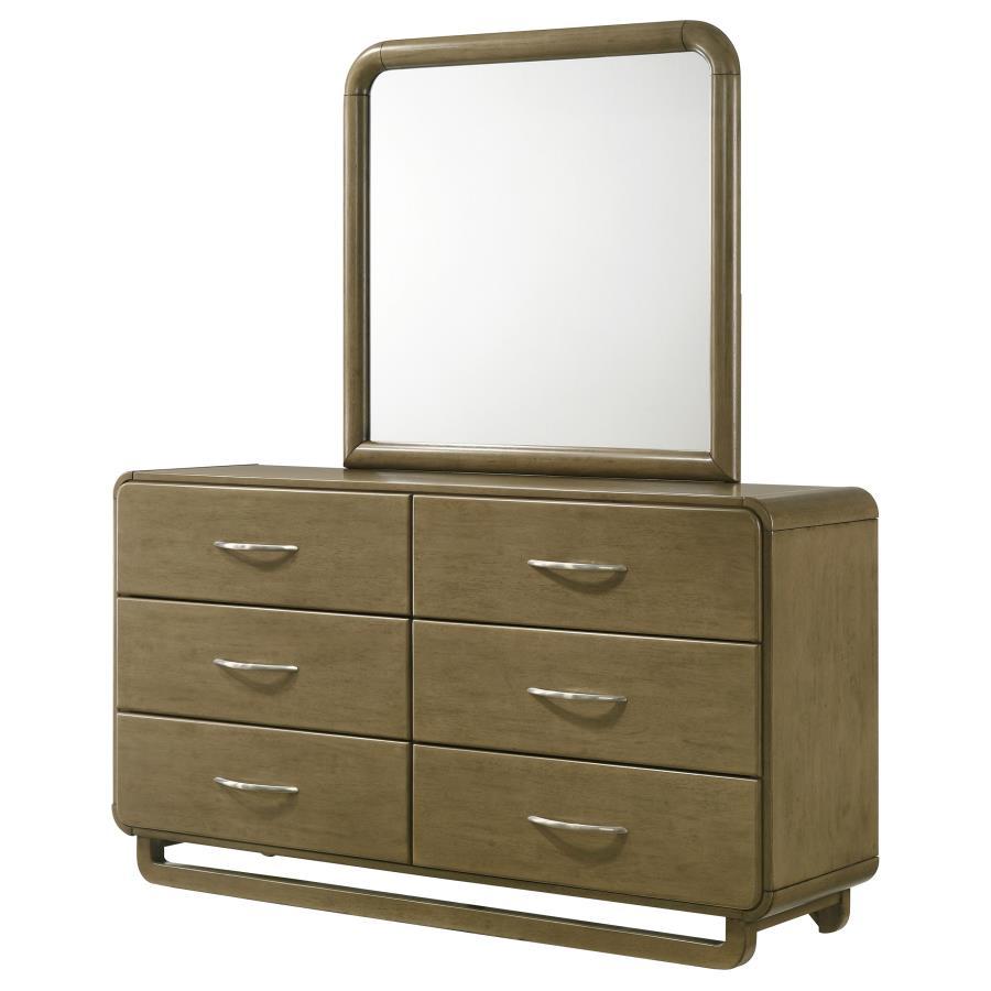Amsbury 6-Drawer Dresser and Mirror Set in Nutmeg Finish with Rounded Corners, Matte Nickel Hardware, Smooth Metal Glides, and Hardwood Build