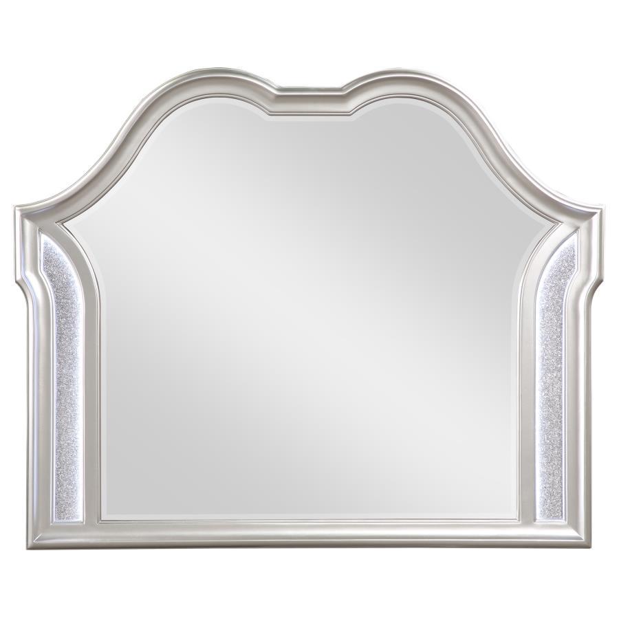 Evangeline Dresser Mirror in Silver Oak – Glam Double-Arched Beveled Mirror with Glittering Panels, Sculpted Frame & Elegant Bedroom Accent