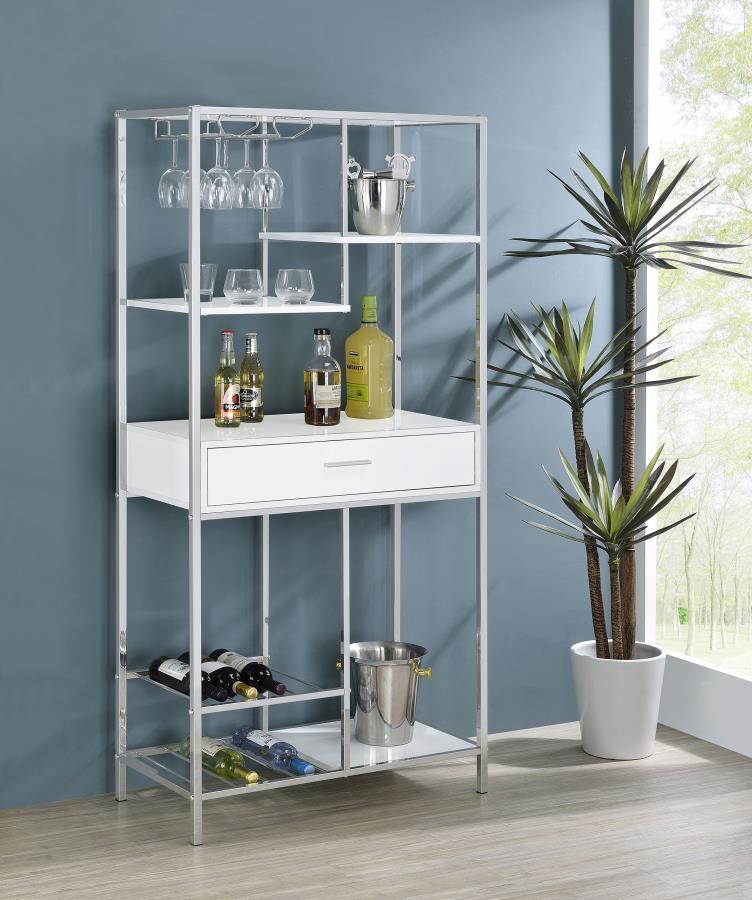 Figueroa 5-Shelf Wine Storage Bar Cabinet – White High Gloss Modern Home Bar with LED Lighting, Pull-Out Drawer, and Stemware Racks