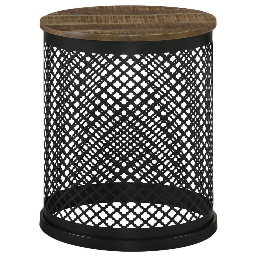 Aurora Round Drum Base Accent Side Table – Natural Mango Wood Top, Black Perforated Iron Base, Industrial Rustic Nightstand, Modern Living Room Table