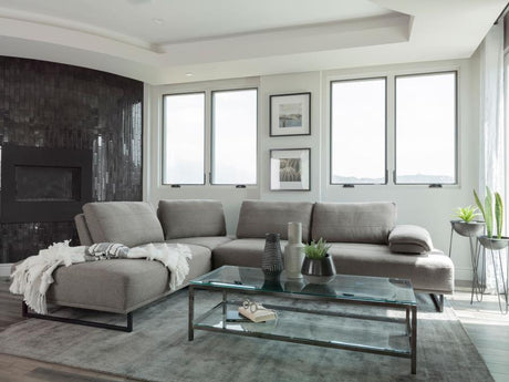 Arden Upholstered Sectional Sofa, Taupe Woven Fabric, Adjustable Backrests, Chaise-Style Seating, Powder Coated Black Base, Modern Living Room