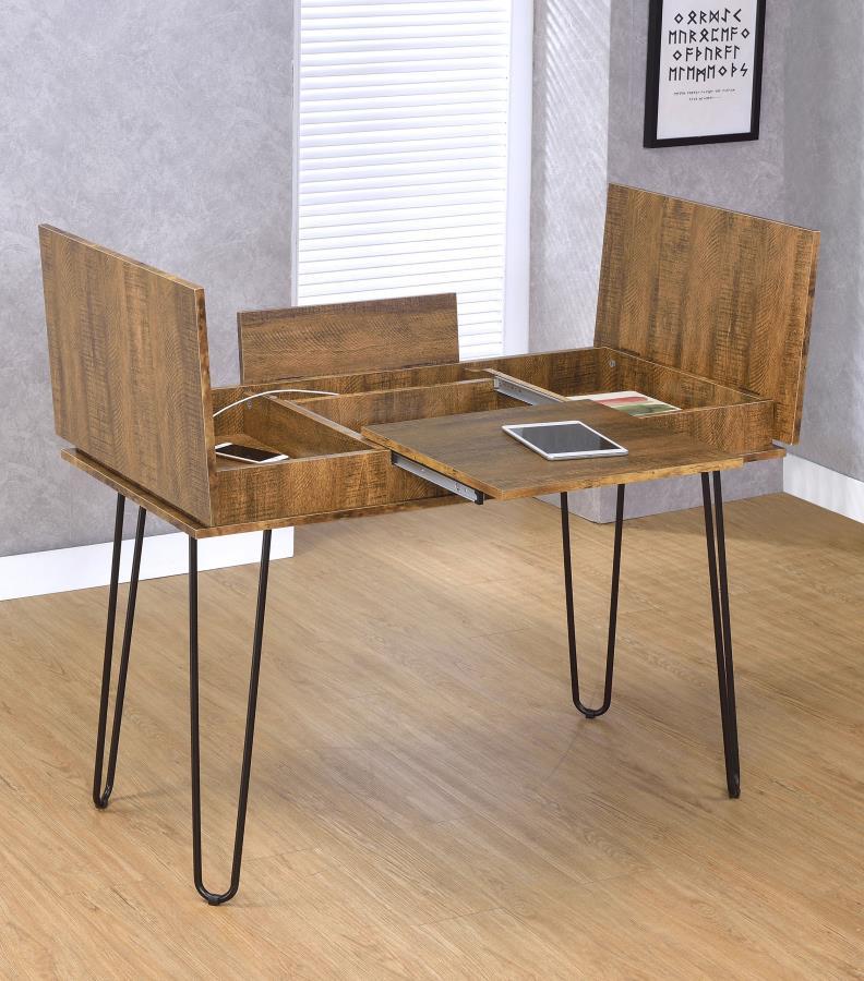 Sheeran Writing Desk With Storage – Rustic Amber Wooden Desk with Sliding Tray, Built-In Power Outlet, Spacious Compartments, Home Office Workstation