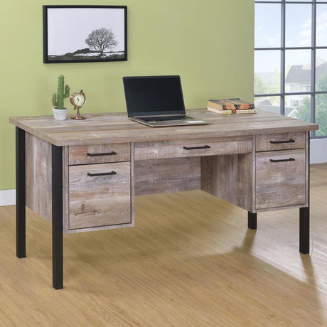 Samson 60" 4-Drawer Office Computer Desk in Weathered Oak with File Storage, Black Metal Accents, and Euro Glides – Rustic Home Office Design