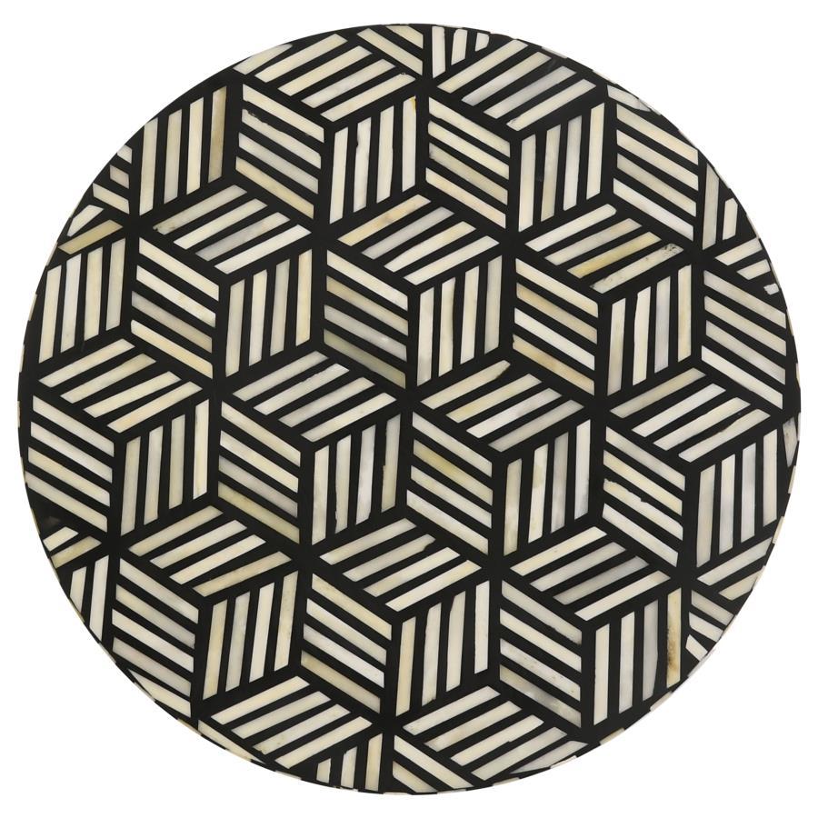 Xenia Round Bone Inlay Accent Side Table with White and Black Mosaic Top and Gold Metal Butterfly Hairpin Base, Modern Chic Living Room Table