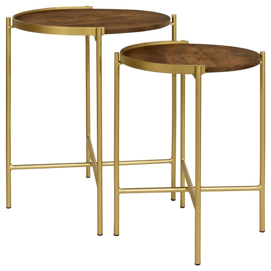 Malka 2 Piece Round Wood Nesting Tables – Dark Brown Mango Wood Tops with Gold Iron X-Frame Bases, Compact Modern Side Tables for Living Room or Lounge