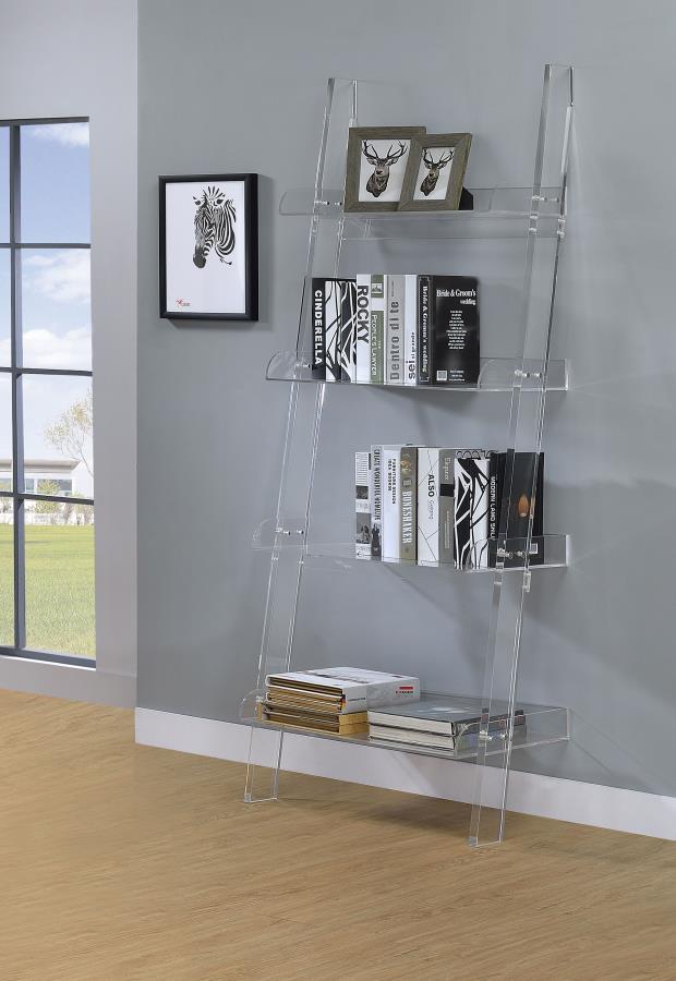 Amaturo - 4-Shelf Acrylic Ladder Bookshelf in Clear – Modern Display Shelf for Books, Décor, Multimedia, and Stylish Home Organization
