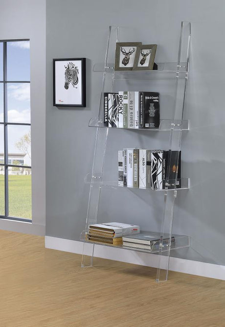 Amaturo - 4-Shelf Acrylic Ladder Bookshelf in Clear – Modern Display Shelf for Books, Décor, Multimedia, and Stylish Home Organization
