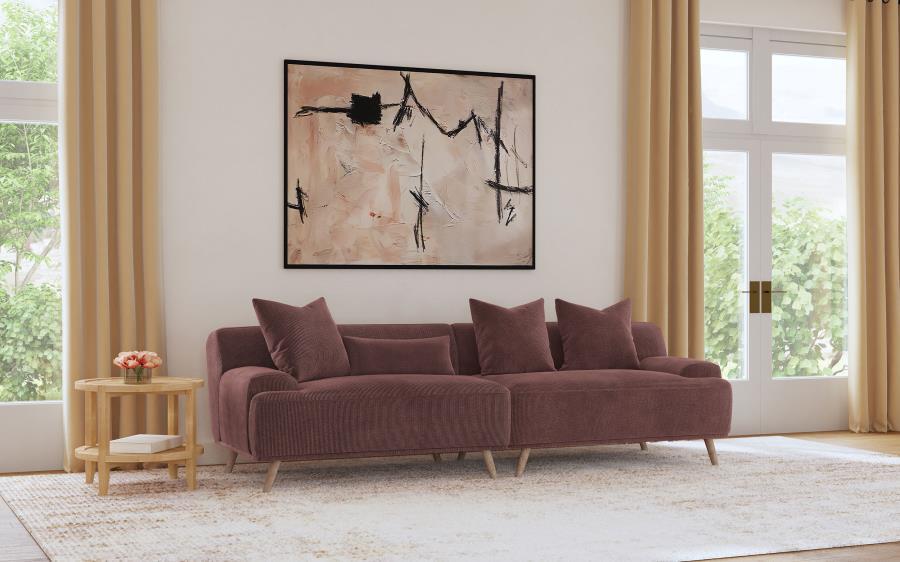 Elizabeth Corduroy Upholstered Extra Long Sofa – Wine Red, Mid-Century Modern Low-Profile Sectional, Includes Foam Cushions and Accent Pillows