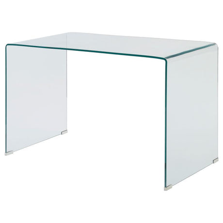 Ripley - Tempered Bent Glass Writing Desk in Clear – Modern Minimalist Home Office Desk with Spacious Tabletop and Chrome Floor Protectors